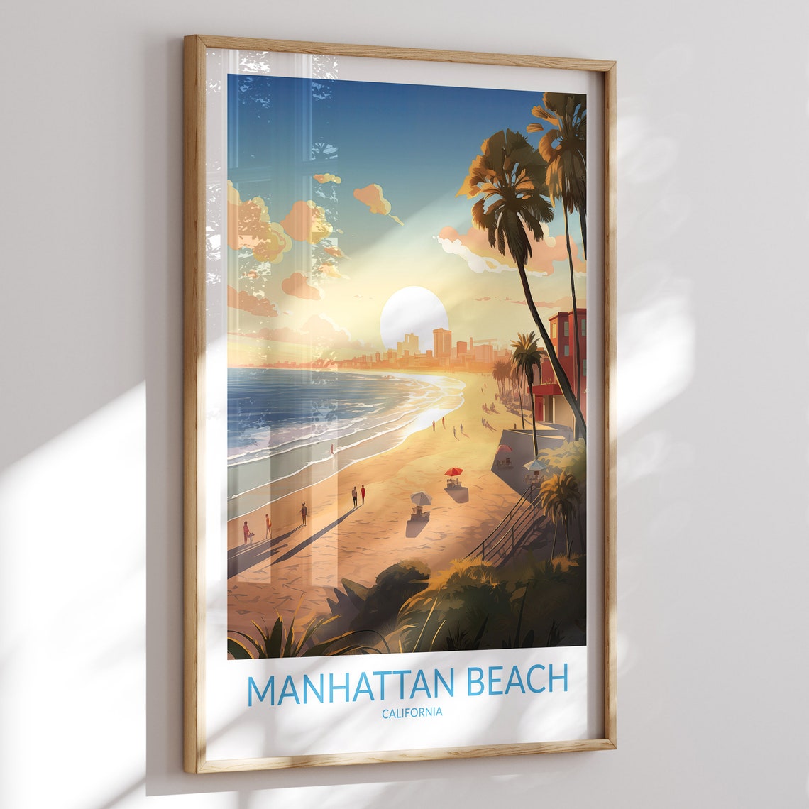 Manhattan Beach California Sunset Travel Poster with Palm Tree Views