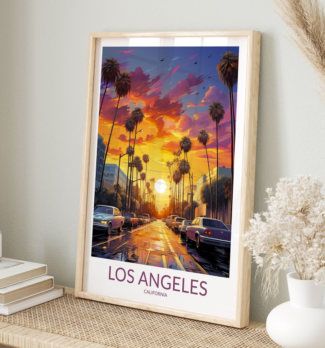 Los Angeles California Fiery Sunset Palm Street Retro Art Poster