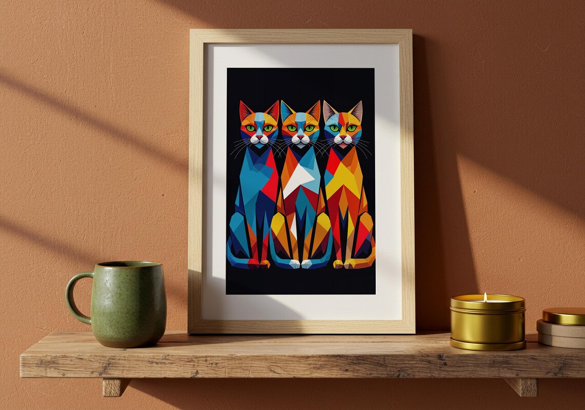 Geometric Cat Print Colourful Abstract Trio On Black Background