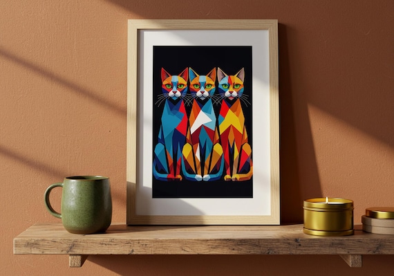 Geometric Colorful Cats Trio Abstract Modern Feline Art Poster