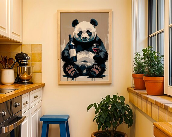 Panda Wine Pause Whimsical Animal Wall Art Kitchen Decor