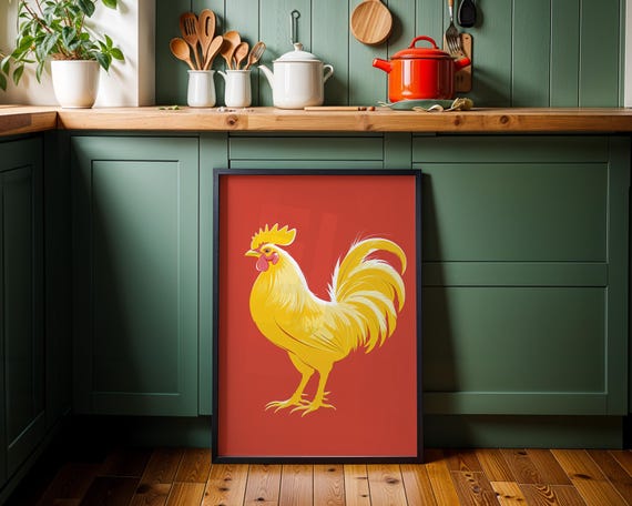 Yellow Rooster Art Print Bold Farmhouse Wall Decor Retro Poultry Illustration