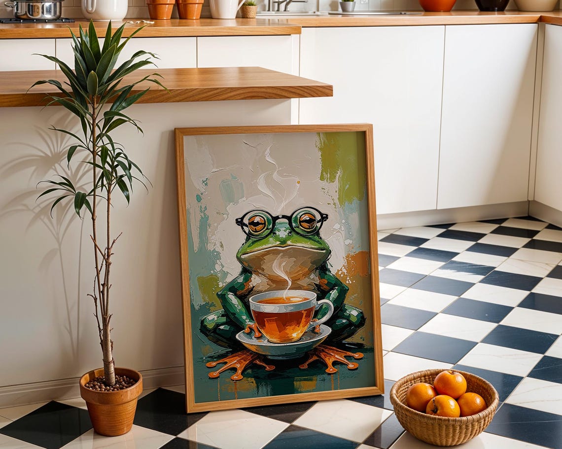Charming Frog Tea Time Poster With Glasses Cute Kitchen Wall Decor