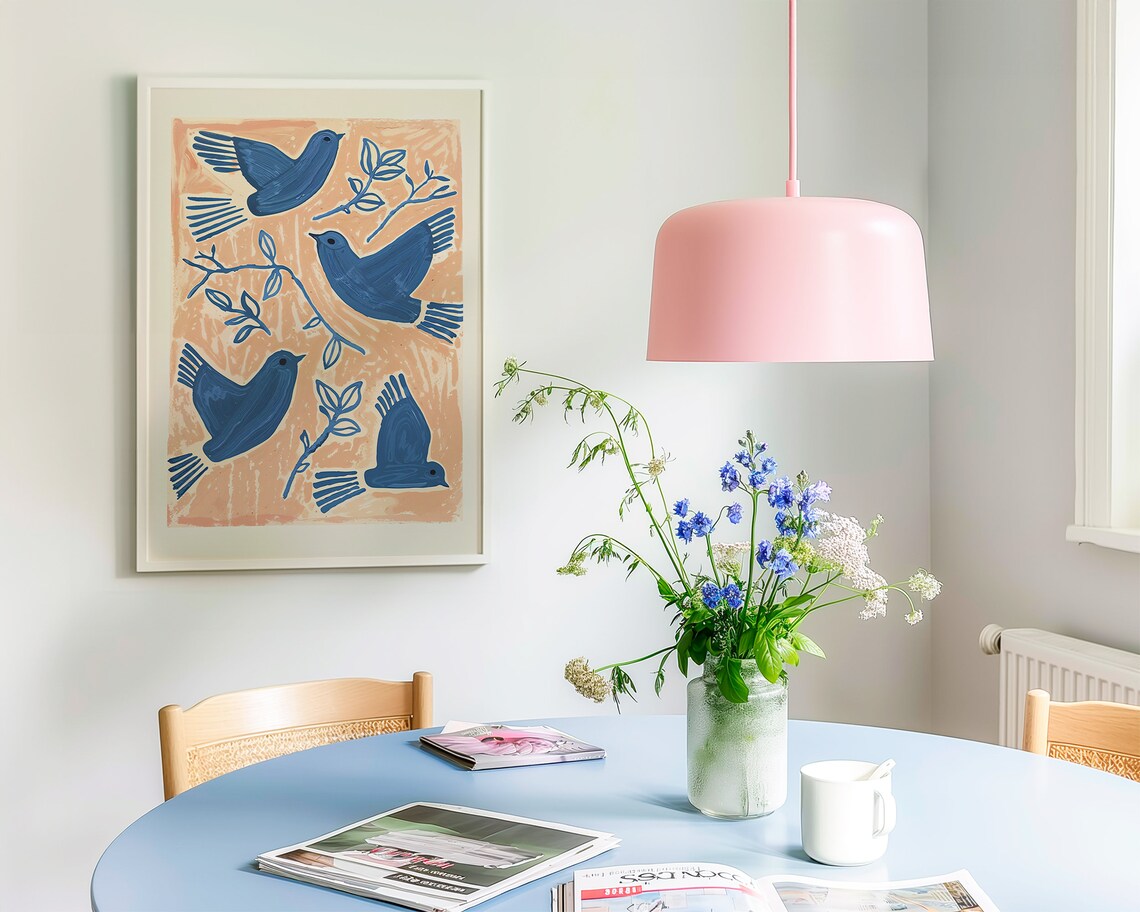 Blue Birds Folk Illustration Peach Background Modern Bird Art Poster - Image 2