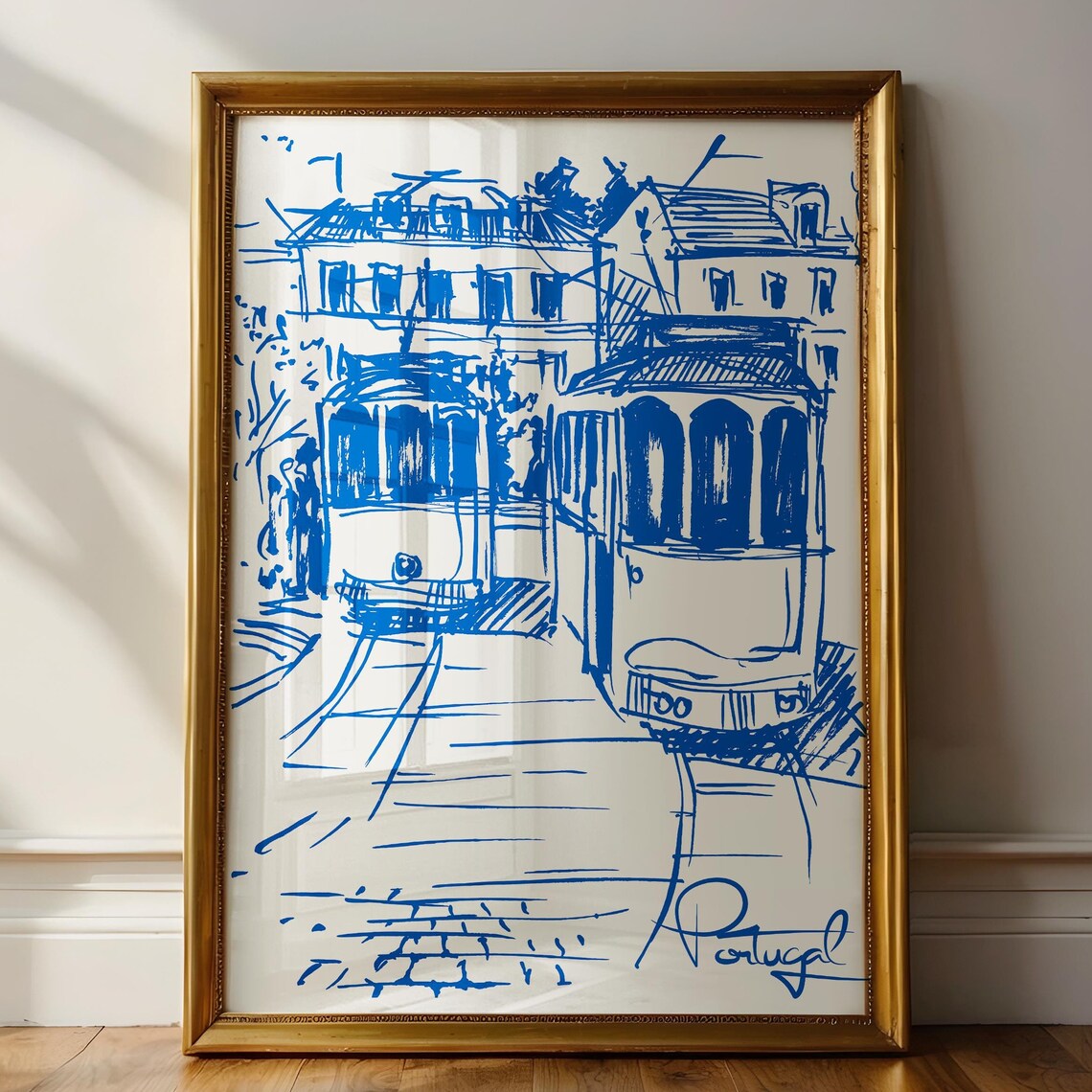 Lisbon Portugal Blue Tram Sketch Art Print Old Town Street Wall Art