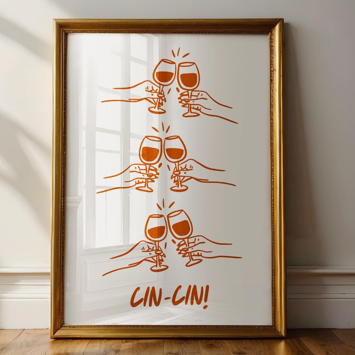 Cin Cin Wine Glasses Toast Terracotta Line Art Kitchen Bar Wall Art - Image 3