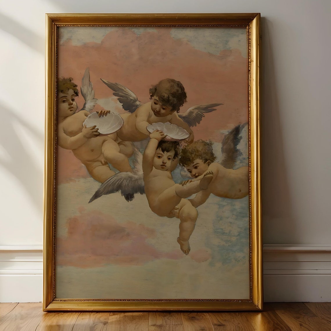 Cherubim Angels With Shells Rosy Classical Oil Painting Wall Art