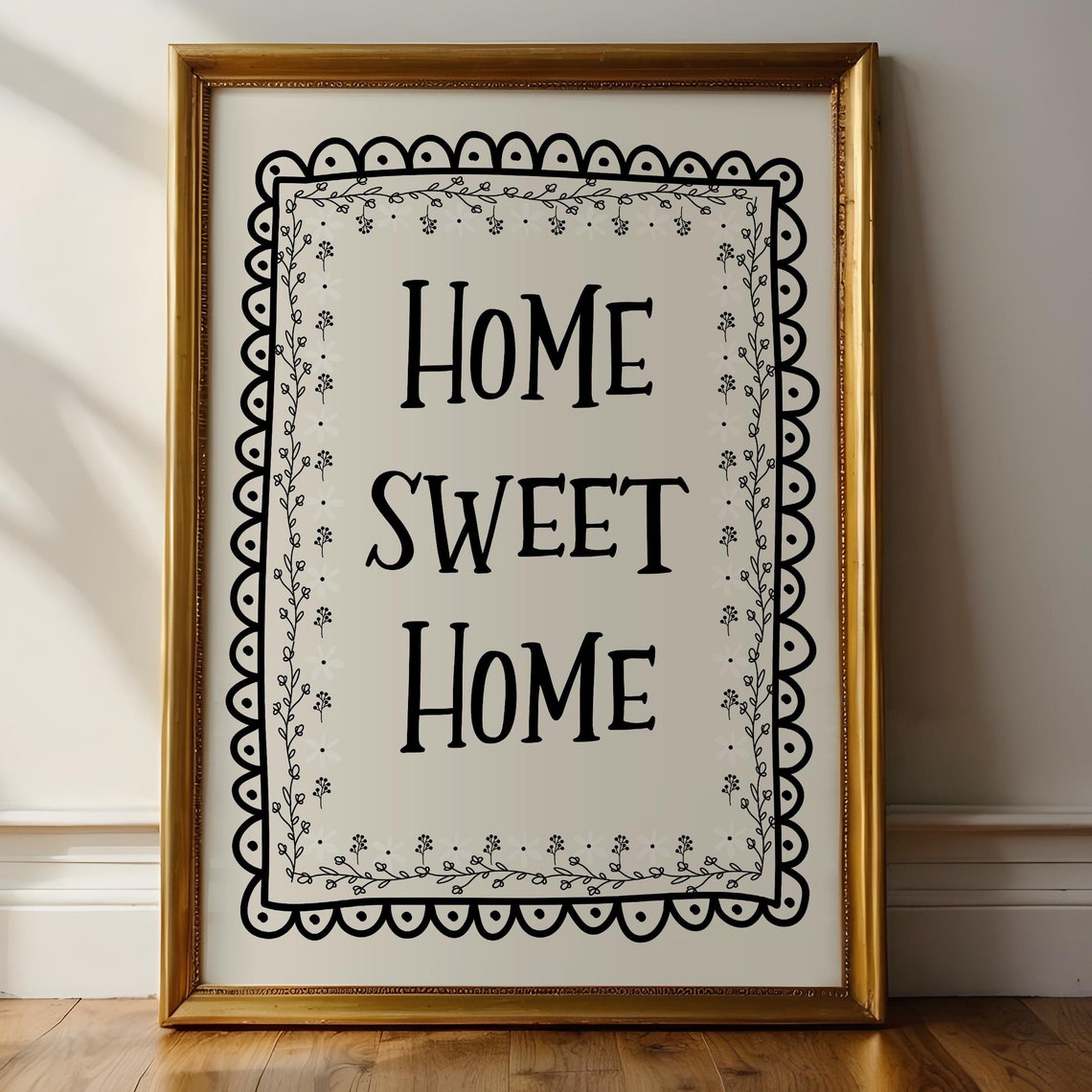 Home Sweet Home Whimsical Black Botanical Border Entryway Wall Art