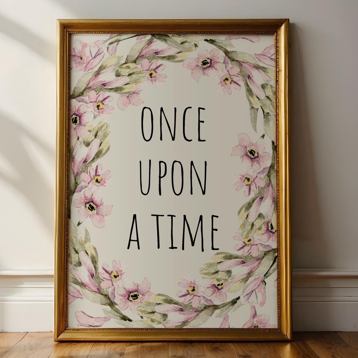 Once Upon A Time Pink Floral Wreath Watercolor Nursery Wall Art