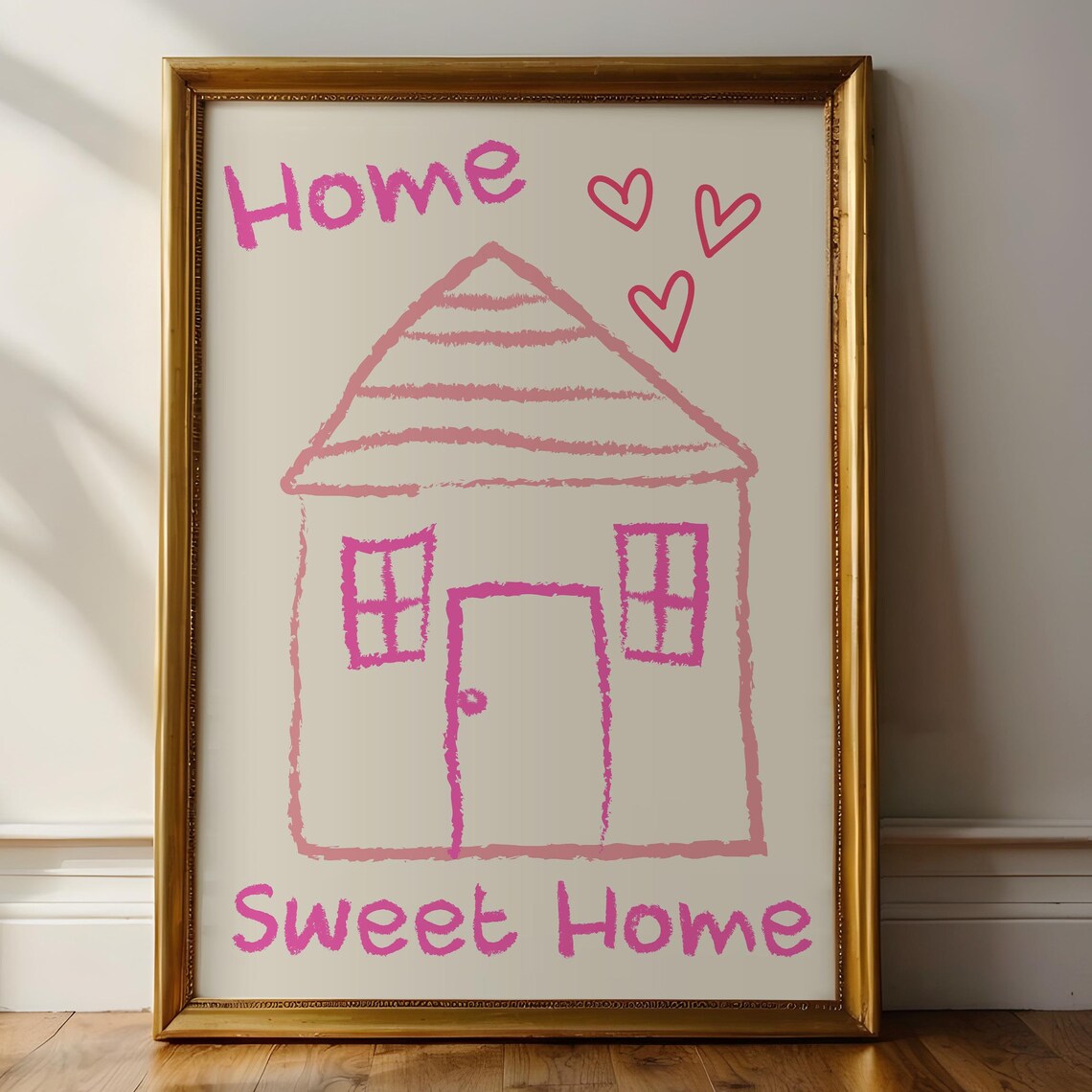 Home Sweet Home Pink Hand Drawn House Wall Art Cute Feminine Print