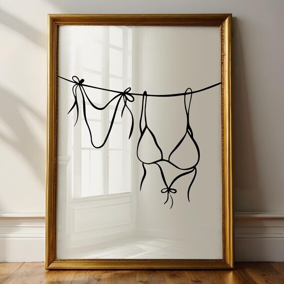 Bikini Clothesline Line Art Print Minimalist Black Swimwear Wall Art