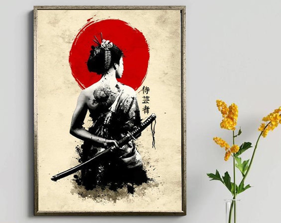 Japanese Warrior Woman with Katana Before Red Sun Samurai Poster