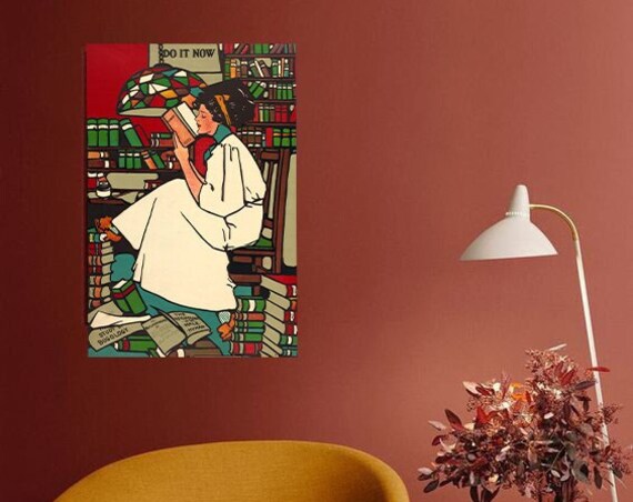 Vintage Woman Reading Among Bookshelves Library Illustration Poster