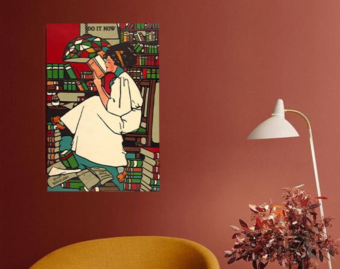 Vintage Woman Reading Among Bookshelves Library Illustration Poster
