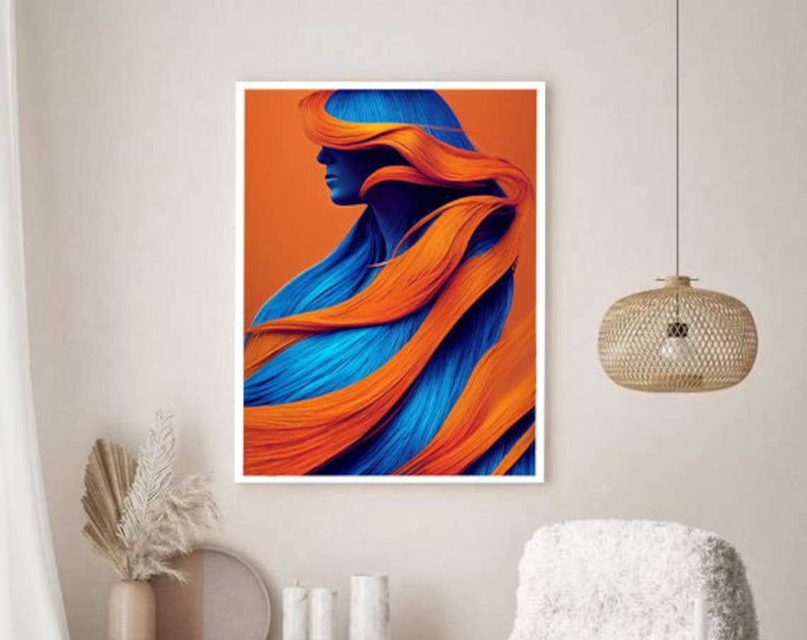 Colorful Woman with Flowing Blue Orange Hair Modern Art Poster