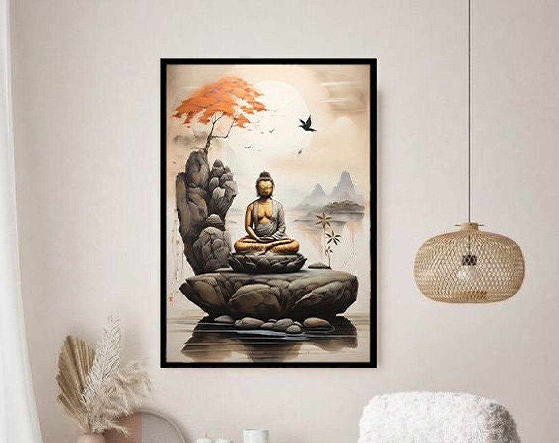 Buddha Meditating on Lotus Rock Tranquil Asian Zen Art Poster