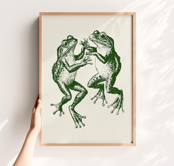 Dancing Frogs Vintage Green Engraving Whimsical Toad Art Poster