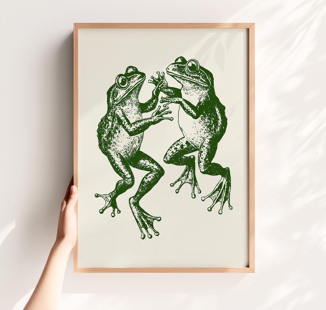 Dancing Frogs Print Old School Drawing Cute Toad Poster Funky Frog Wall Art Spring Vintage Illustration