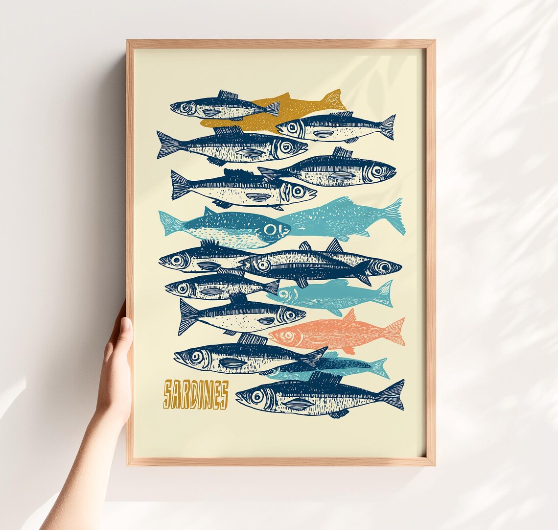 Sardines Retro School Of Fish Blue Coastal Kitchen Decor Poster