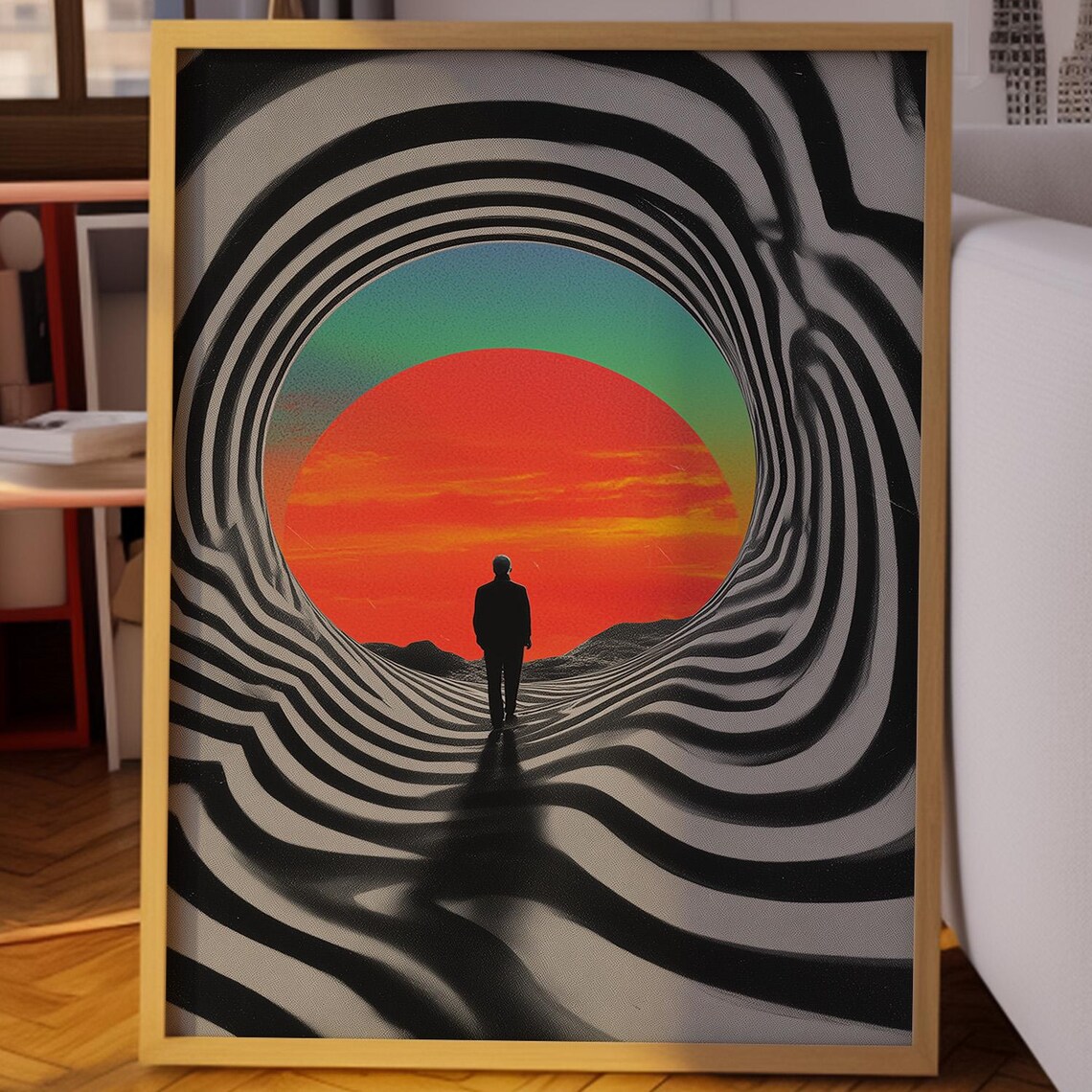 Psychedelic Sunset Tunnel Poster, Surreal Retro Art Print