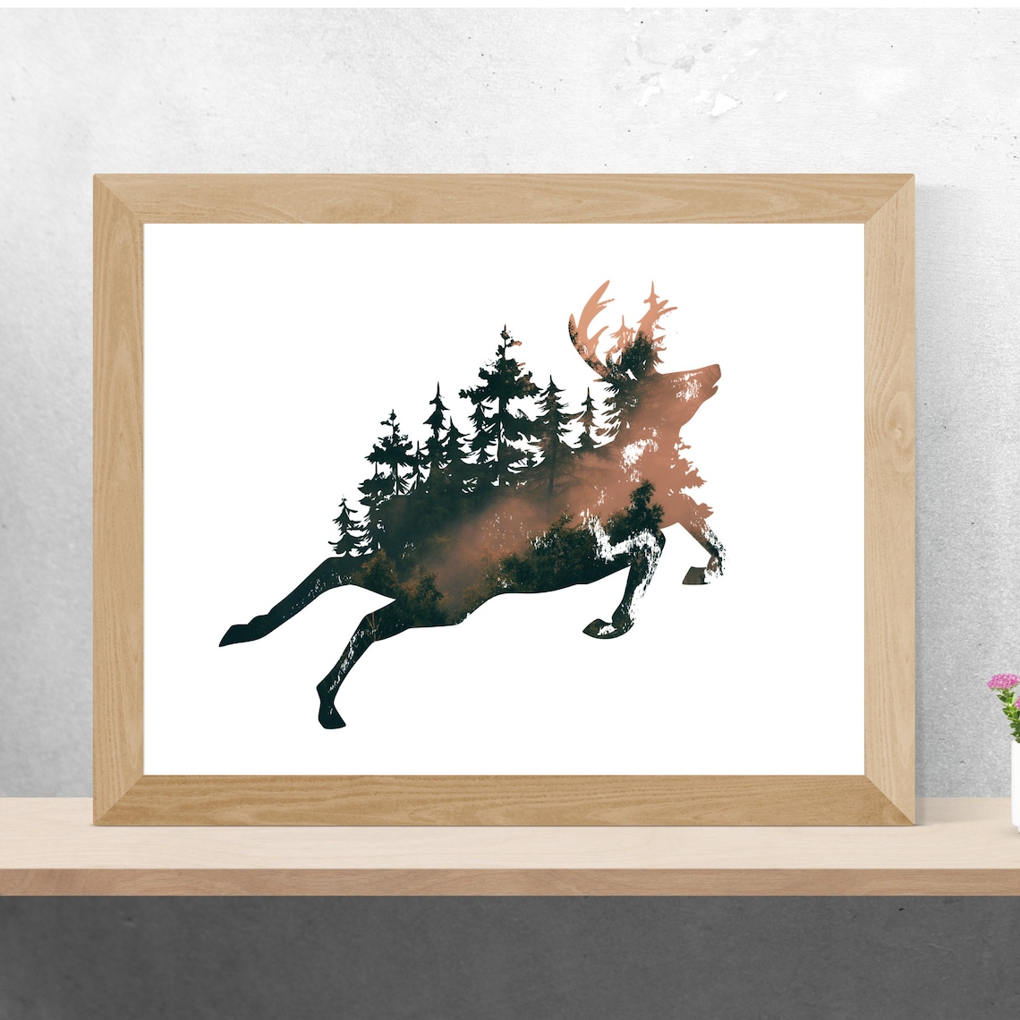 Jumping Deer Silhouette With Forest Art Print - Image 3