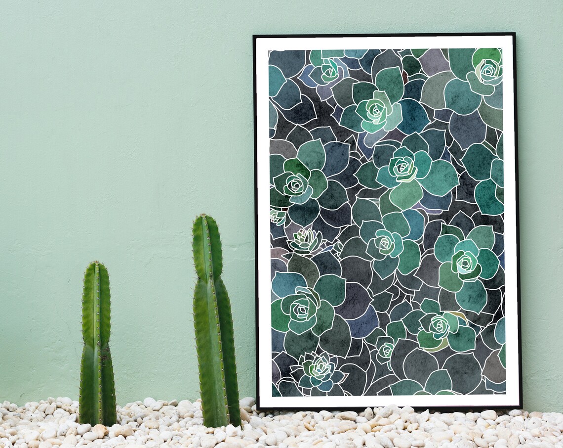 Dark Moody Botanical Succulent Mosaic Watercolor Pattern Poster