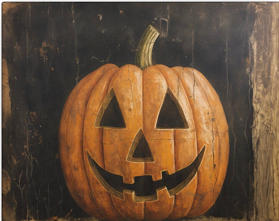 Vintage Jack O Lantern Grinning Pumpkin Dark Halloween Decor Poster