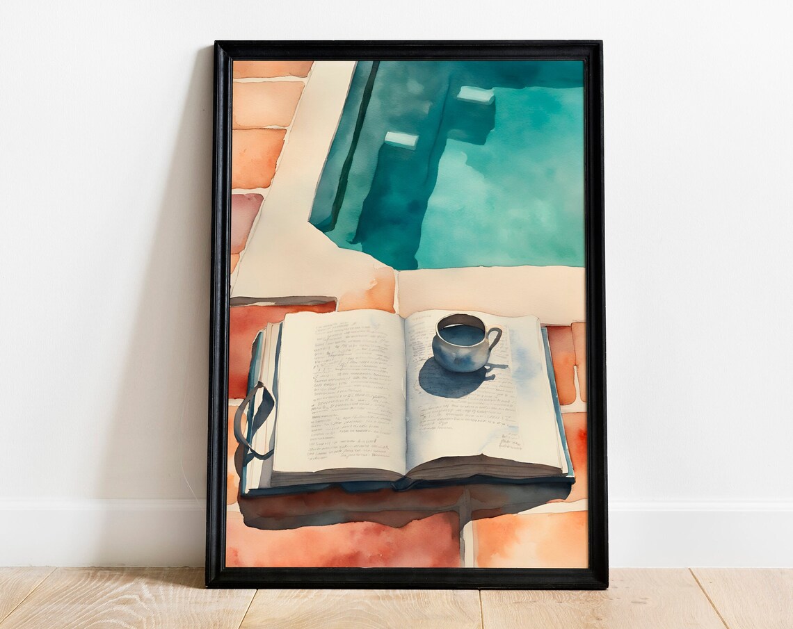 Book By The Pool Art Print, Summer Travel Decor
