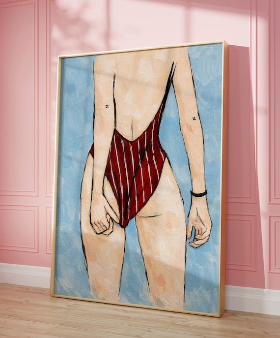 Abstract Woman In Swimsuit Art Print Minimalist Summer Female Figure Blue Ruby Oil Painting Wall Hand Drawn Textured Poster