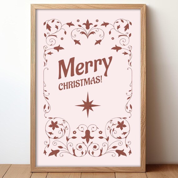 Merry Christmas Star Vintage Typographic Holiday Wall Decor Poster