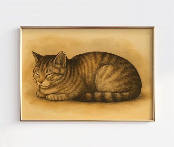 Sleeping Tabby Cat Warm Sepia Vintage Style Kitten Illustration Poster