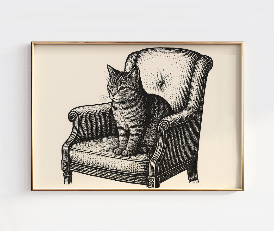 Cat On Armchair Art Print Minimalist Black And White Animal Decor