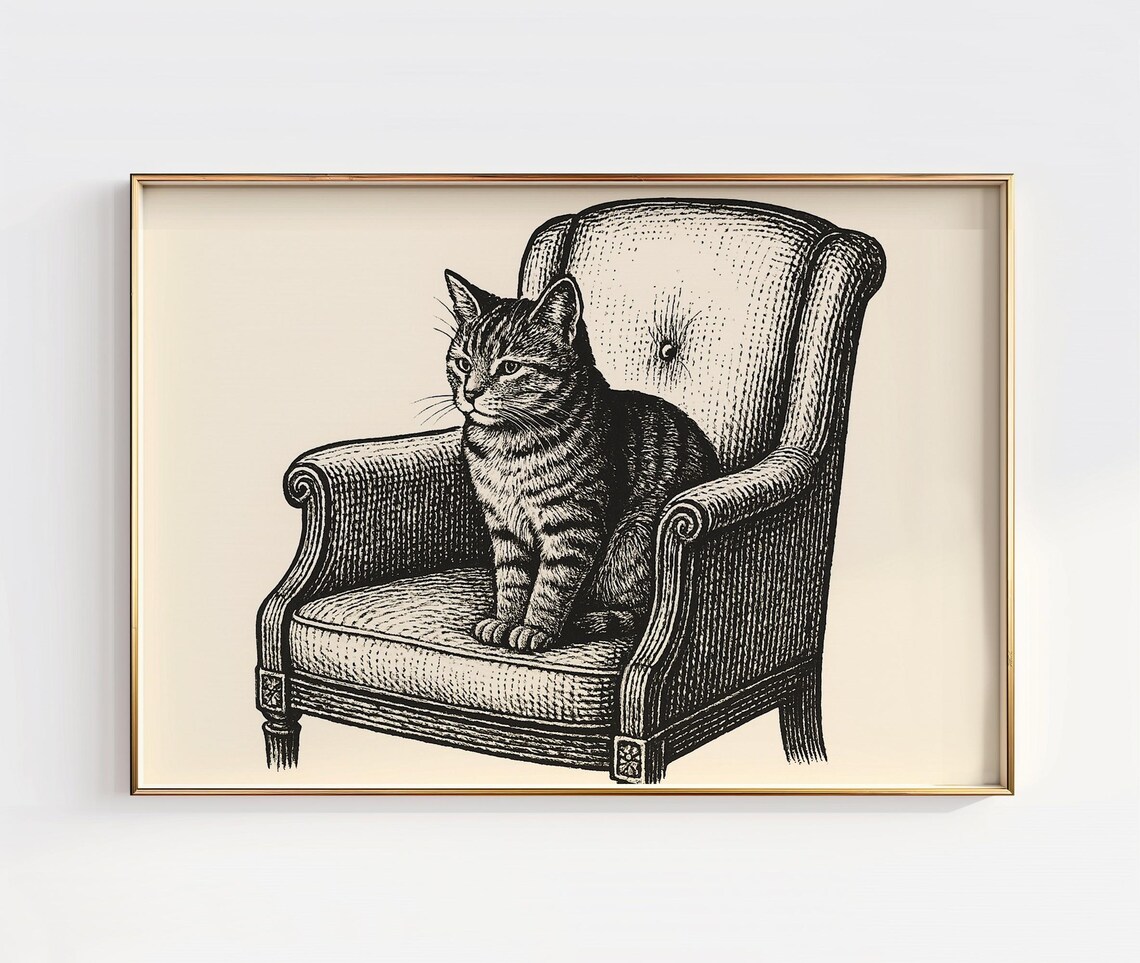 Tabby Cat Sitting in Armchair Vintage Engraving Style Art Poster