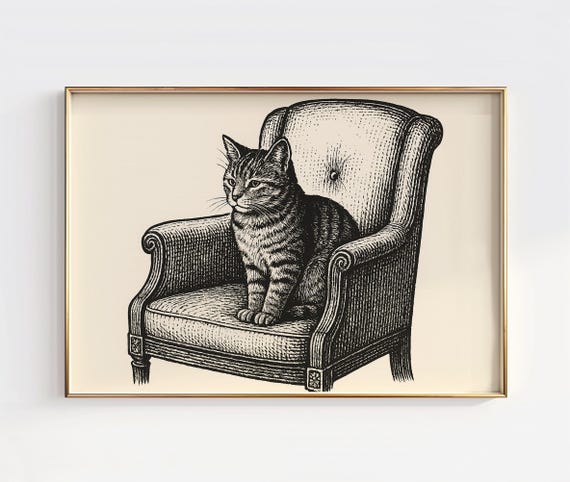 Cat On Armchair Art Print Minimalist Black And White Animal Decor
