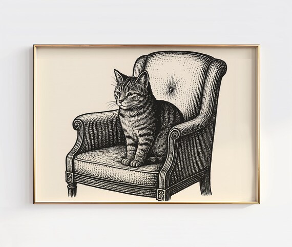 Tabby Cat Sitting in Armchair Vintage Engraving Style Art Poster