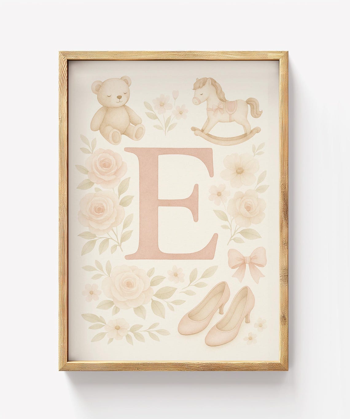 Floral Letter E Monogram Watercolor Nursery Teddy Bear Art Poster