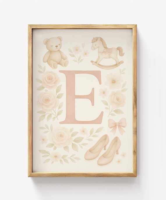 Floral Letter E Monogram Watercolor Nursery Teddy Bear Art Poster