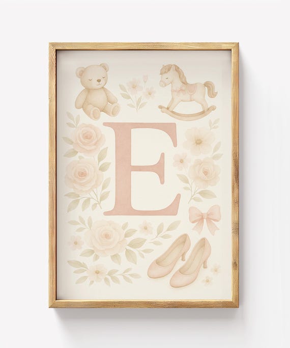 Personalized Floral Letter E Print Girly Nursery Decor Teddy Bear Art