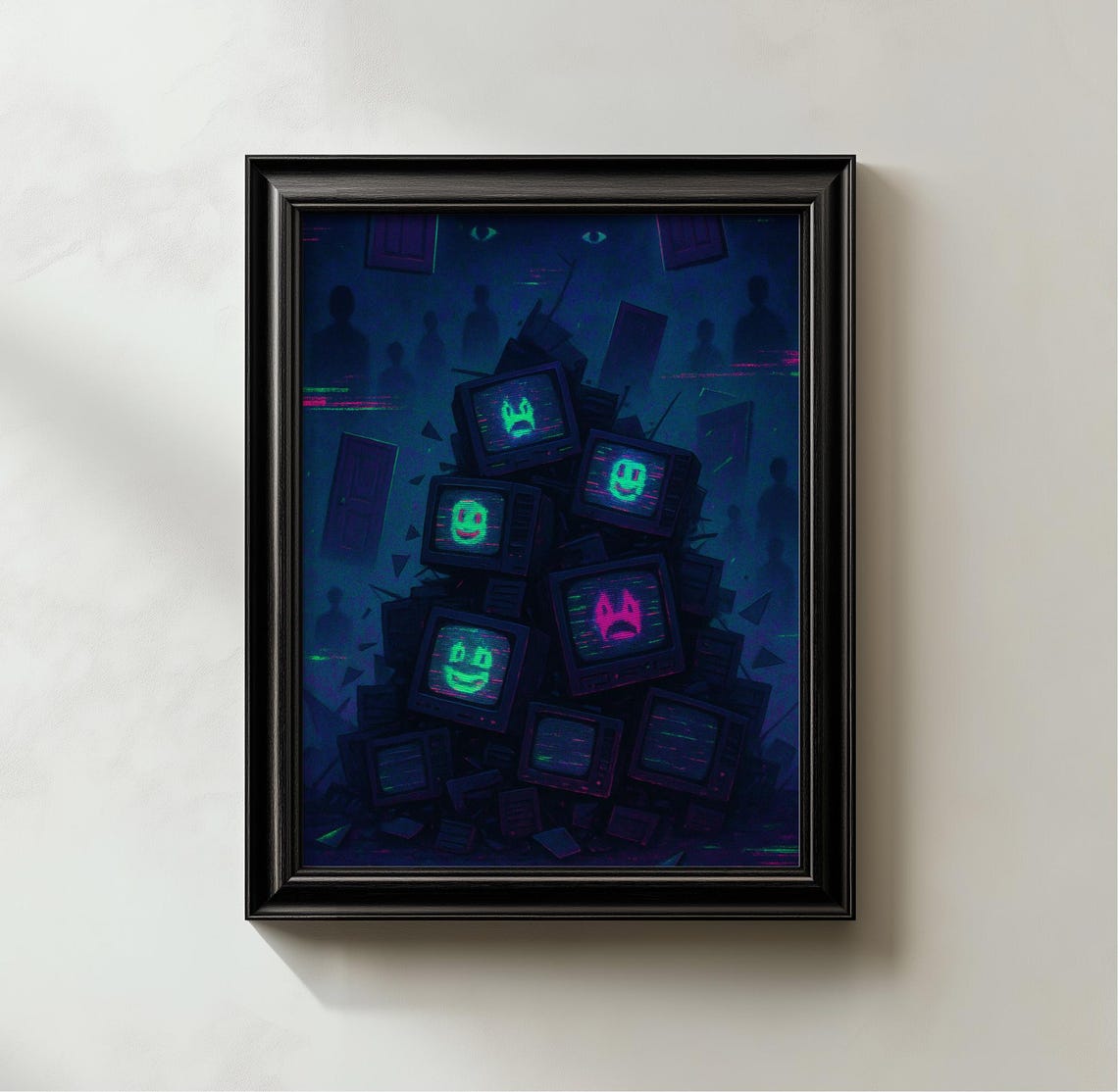 Retro CRT TV Stack Glitchcore Smiley Faces Dark Vaporwave Art Poster