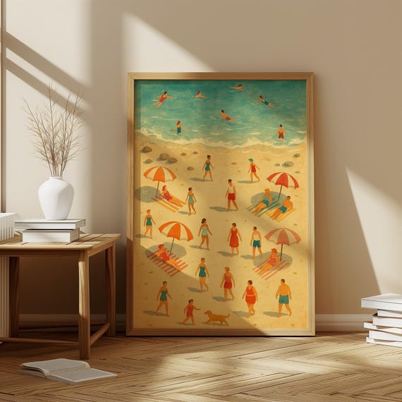 Retro Beach Scene Print Coastal Wall Art Summer Swimming Illustration Vintage Ocean Decor