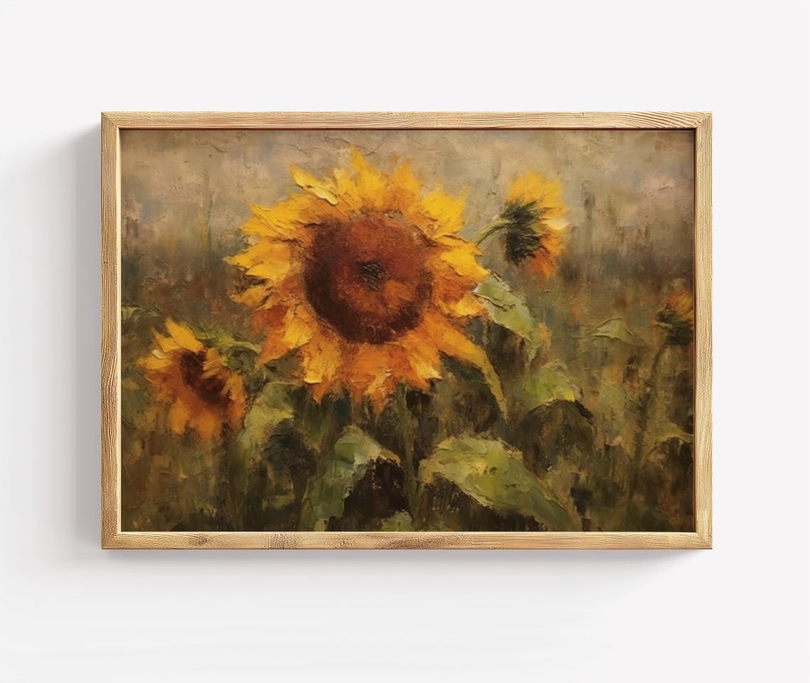 Impressionist Sunflower Field Rustic Golden Hour Painting Poster