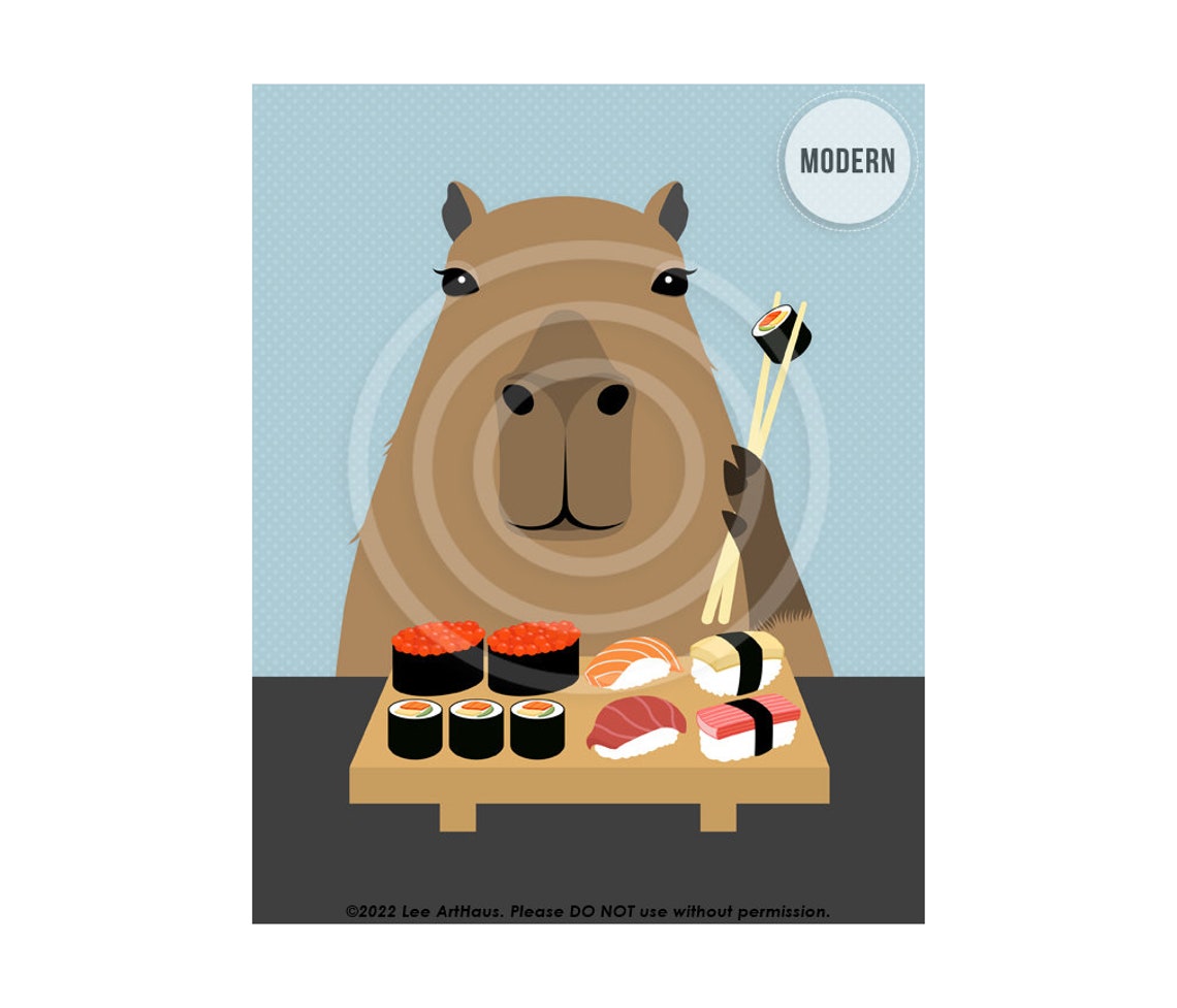Capybara Eating Sushi With Chopsticks Funny Animal Cartoon Art Poster - Image 2