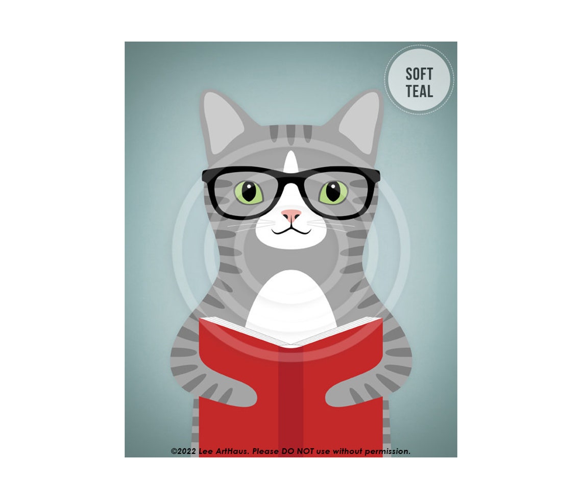 Gray Tabby Cat Glasses Reading Book Pink Library Wall Art Poster - Image 4