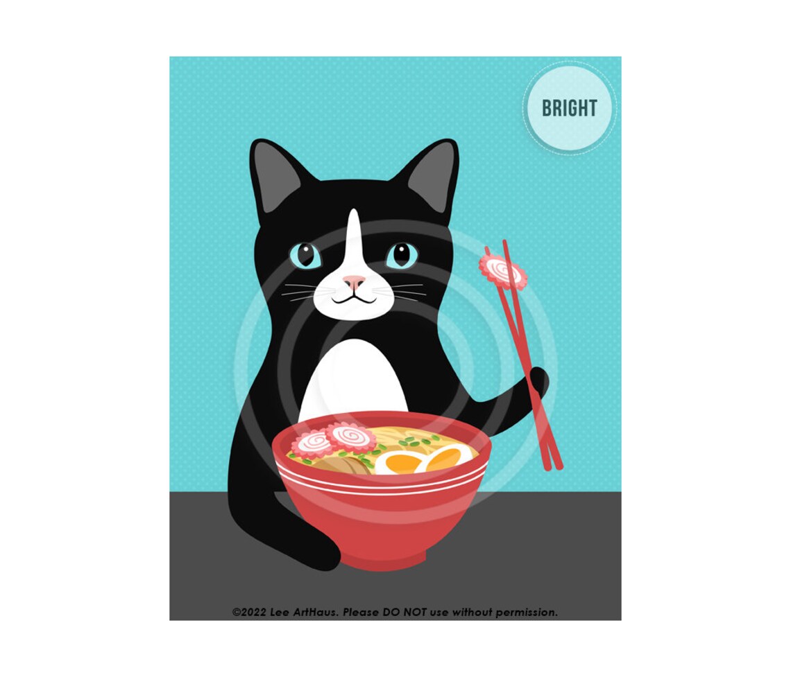 Black And White Cat Eating Ramen Bowl Cute Kitty Lover Kitchen Wall Poster - Image 6