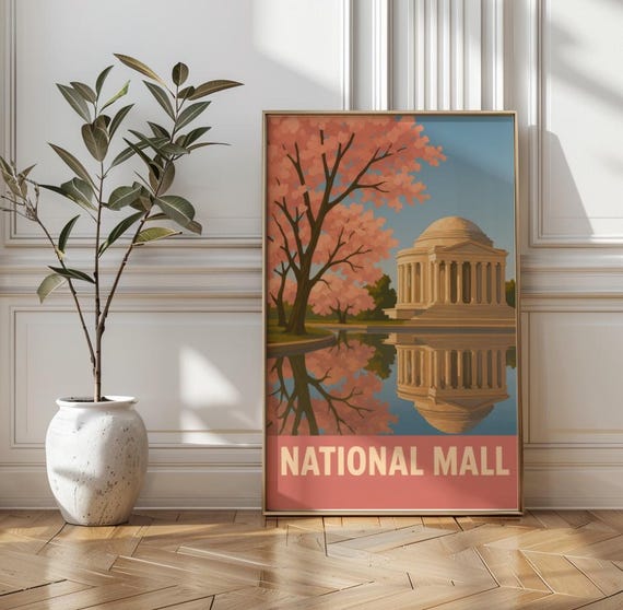 National Mall Travel Poster Print Jefferson Memorial With Cherry Blossoms Wall Art Washington Dc Vintage Style Decor