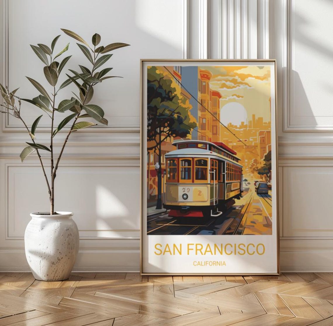 San Francisco California Cable Car Sunset Street Vintage Travel Poster