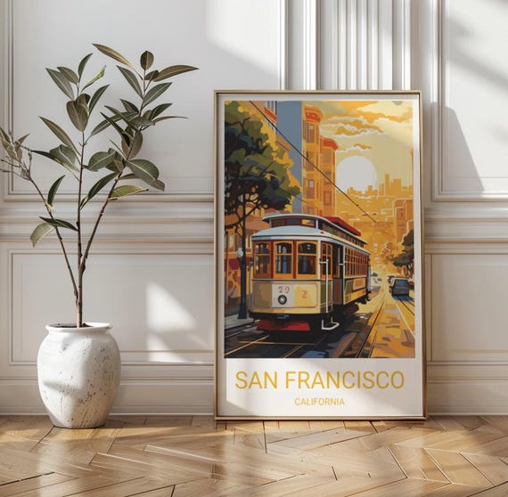 San Francisco California Cable Car Sunset Street Vintage Travel Poster