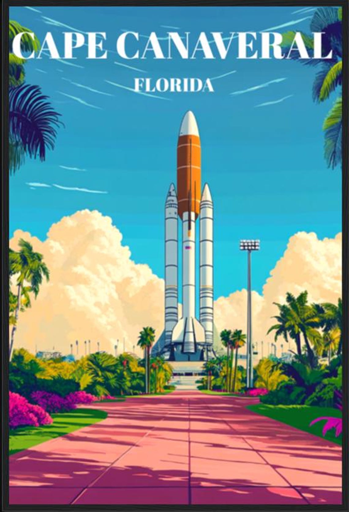 Cape Canaveral Florida Space Center Vintage Rocket Travel Poster
