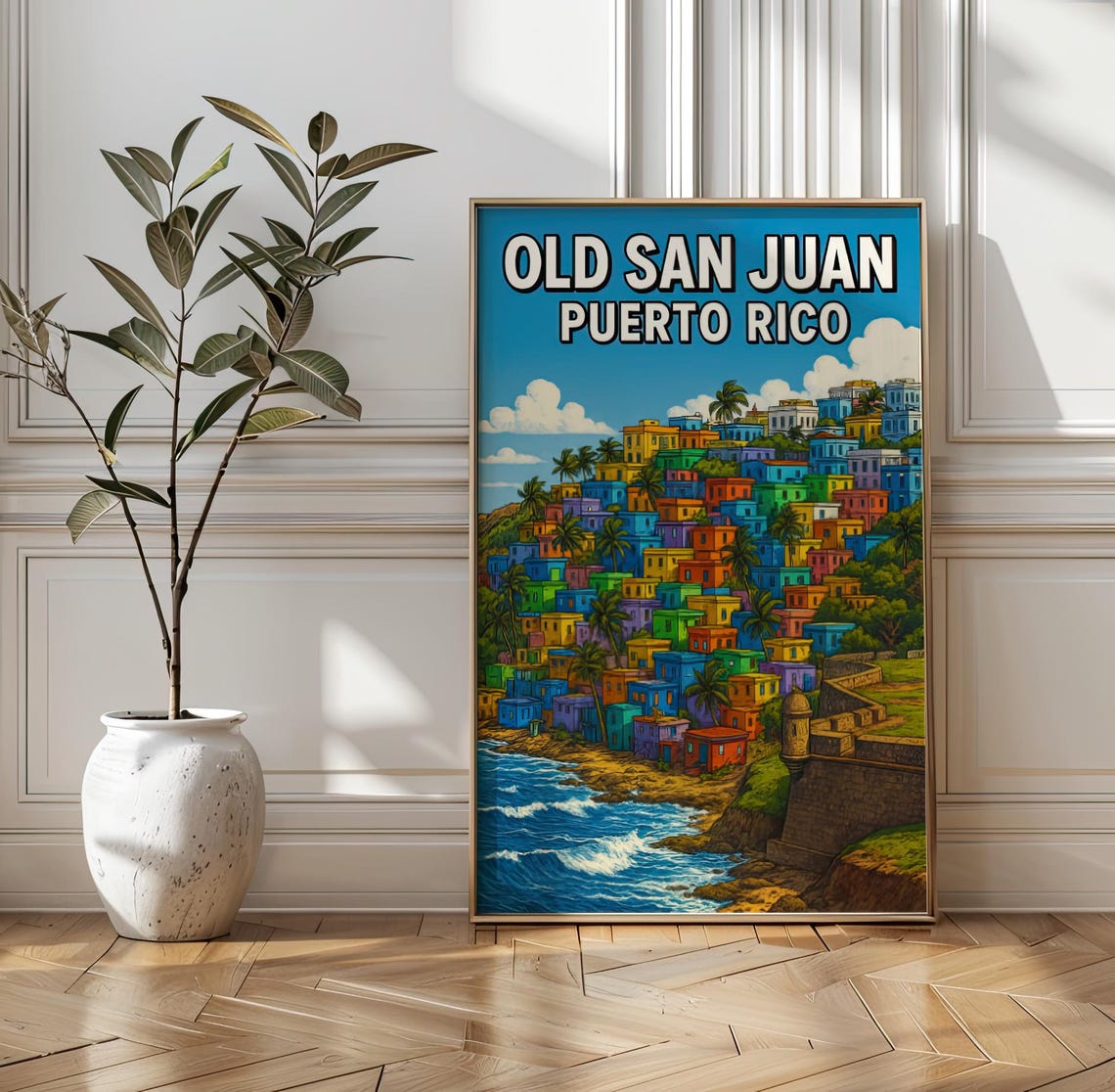 Old San Juan Puerto Rico Colorful Hillside Coastal Travel Poster Scene