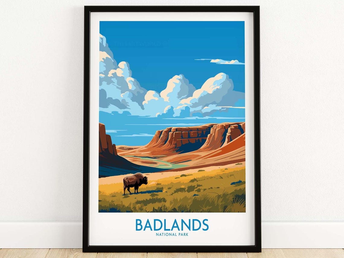 Badlands National Park Bison Golden Prairie Canyon Scenic Poster